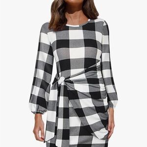 NWT Black and White Checkered Dress | Long Lantern Sleeve Ruched Side | L